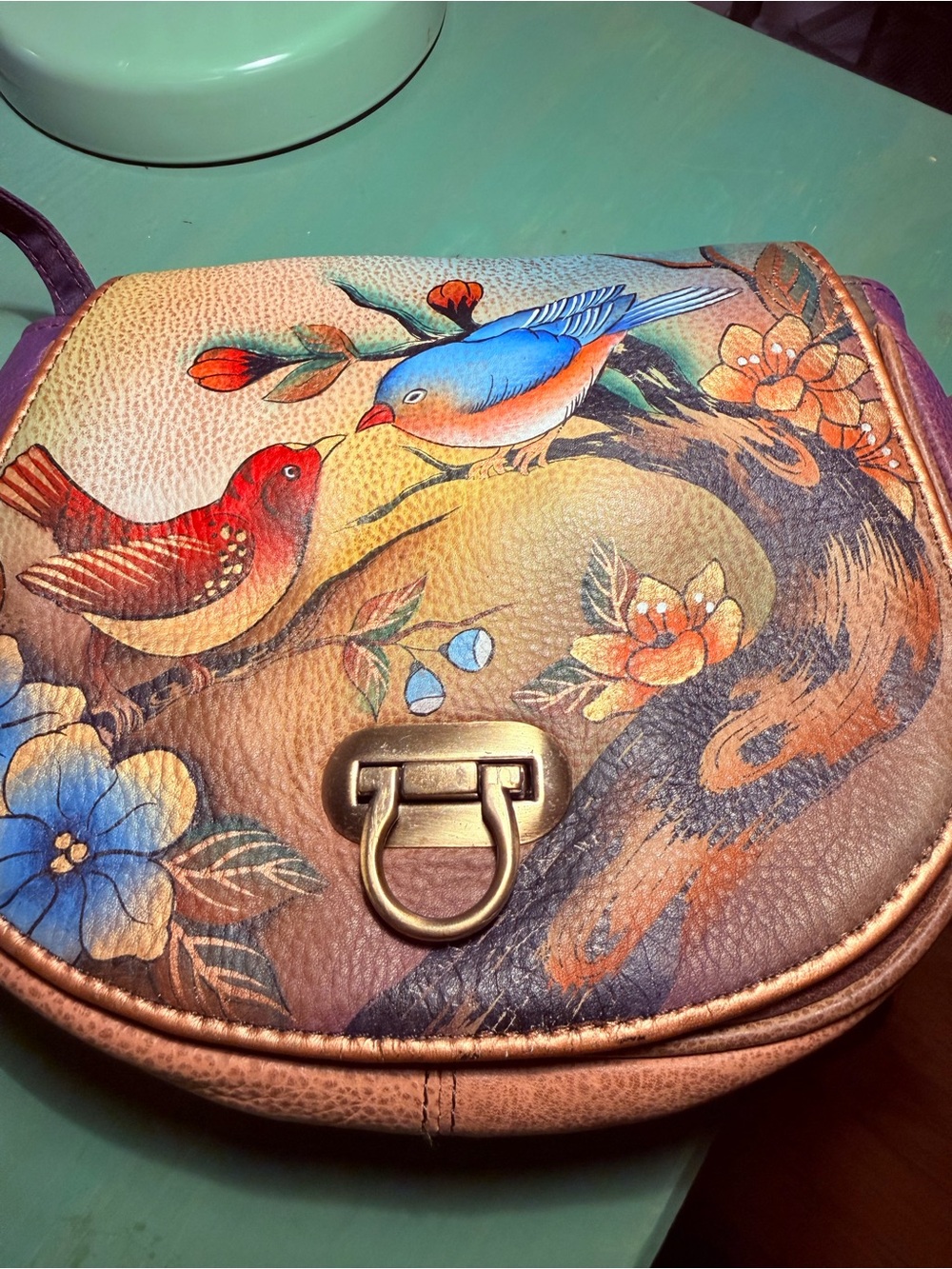Anuschka Hand Painted Vintage Birds with Gold Accents Genuine Leather Crossbody